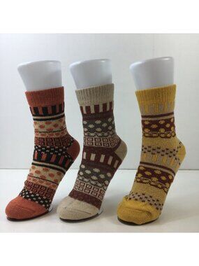 Womens Crew Socks Set 3 Nordic Fair Isle Pattern Ribbed Cuff Brown Beige Yellow